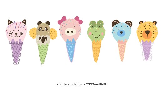 Animals ice cream illustration set.
