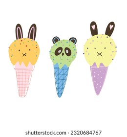 Animals ice cream illustration set.