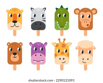 Animals ice cream on sticks. Cute childish mascots, isolated animal funny faces. Cartoon monkey, hippo and giraffe. Classy vector sweety clipart