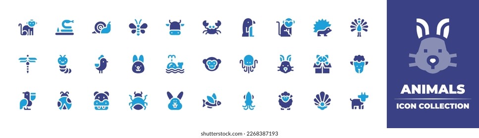 Animals icon collection. Duotone color. Vector illustration. Containing monkey, snake, snail, butterfly, cow, crab, penguin, hedgehog, peacock, dragonfly, worm, chicken, rabbit, whale, octopus, kitty.