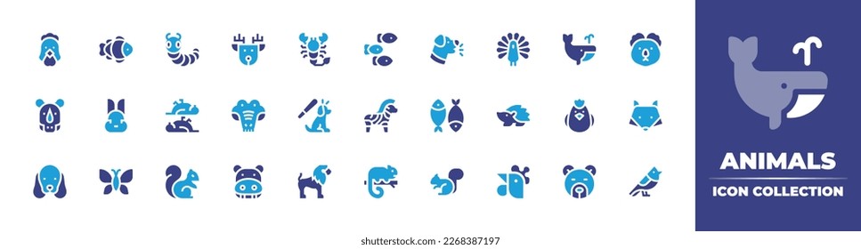 Animals icon collection. Duotone color. Vector illustration. Containing chicken, clown fish, caterpillar, deer, scorpion, fishes, bark, peacock, whale, koala, rhino, rabbit, birds, crocodile.