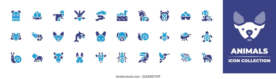 Animals icon collection. Duotone color. Vector illustration. Containing animal, animals, cat, orca, dog, snail, bee, ant, turtle, lion, opossum, rabbit, goat, toucan, hummingbird, cow.