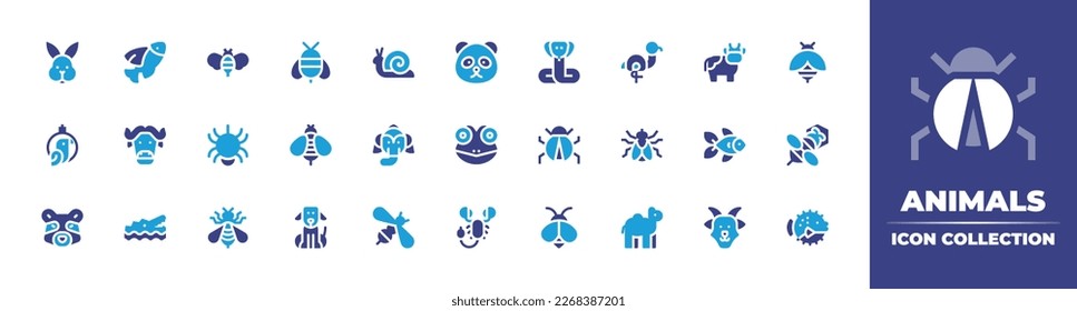 Animals icon collection. Duotone color. Vector illustration. Containing rabbit, flying fish, bee, snail, panda bear, snake, flamingo, cow, parrot, buffalo, spider, elephant, frog, ladybug, fly.