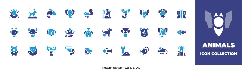 Animals icon collection. Duotone color. Vector illustration. Containing tick, reindeer, fish, elephant, flamingo, monkey, scorpion, bat, cow, butterfly, giraffe, dog, chameleon, disabled, cobra.