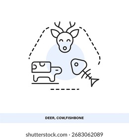 Icono de animales: ciervos, vacas y espinas de pescado para la industria veterinaria y alimentaria