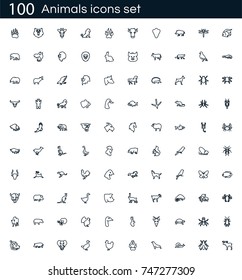 Animals icon set with 100 vector pictograms. Simple outline farm icons isolated on a white background. Good for apps and web sites. 