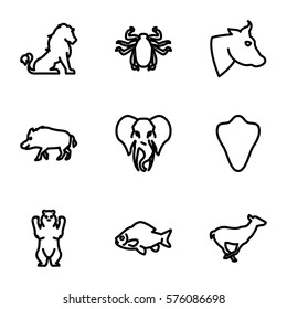 Animals icon. Set of 9 Animals outline icons such as lion, animal fang, hog, cow, bear, fish, antelope, beetle