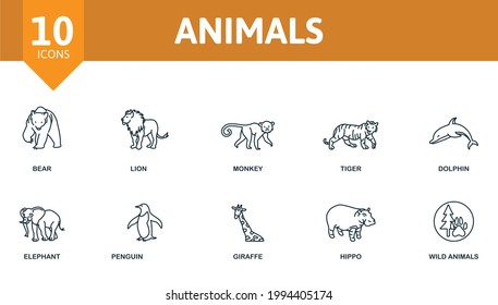 Animals icon set. Contains editable icons wild animals theme such as bear, monkey, dolphin and more.