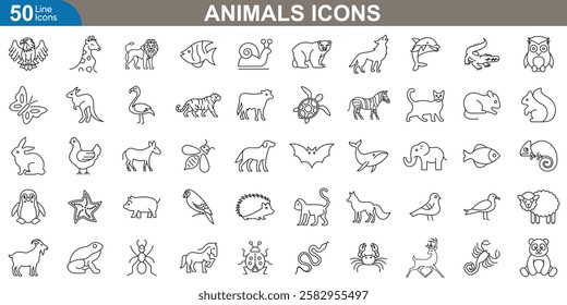 Animals icon set. High quality collection showcasing a wide range of wildlife, pets, farm creatures, marine life, birds, insects, exotic and more. Thin line simple vector illustration.