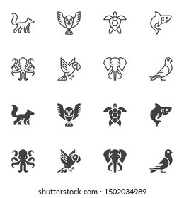 Animals icon set, line and glyph version, outline and filled vector sign. linear and full pictogram. Symbol, logo illustration. Set includes icons as fox, turtle, parrot, dove, owl, shark, elephant