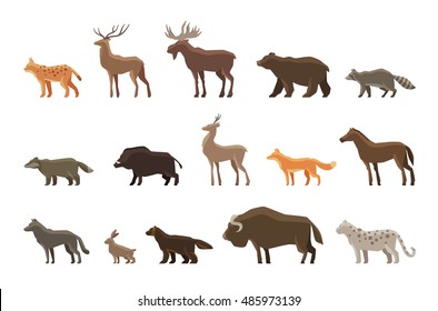 Conjunto de ícones de animais. Símbolos vetoriais como lince, veado, alce, urso, guaxinim, texugo, javali, veado, raposa, cavalo, lobo, lebre, boi almiscarado, leopardo da neve, wolverine