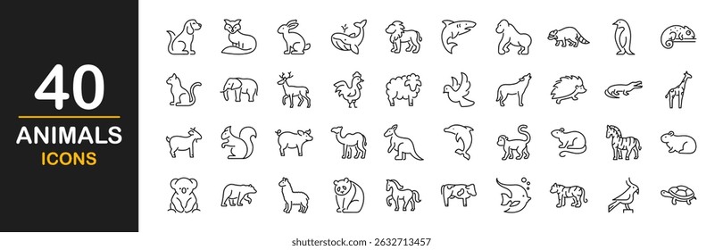 Animals icon set. Wild, domestic animals and sea inhabitants icons. Contains such icons as cow, goat, pig, horse, rooster, sheep, monkey, deer, wolf, rabbit, penguin, tiger,  shark, whale and more