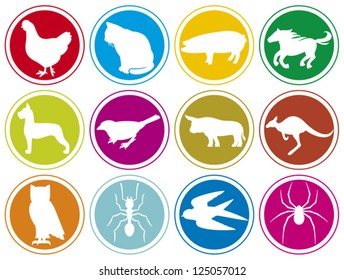animals icons buttons (cat, pig, horse, chicken, dog, bird, bull, owl, ant, spider, kangaroo, swallow, pig)