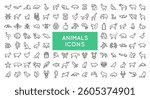 Animals icons. Large set of 110 different animals trendy minimal icons. Mammals, birds, reptiles, and aquatic creatures icons. Ideal for wildlife, zoology, and nature designs. Vector illustration.