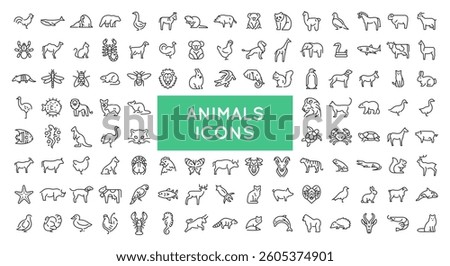 Animals icons. Large set of 110 different animals trendy minimal icons. Mammals, birds, reptiles, and aquatic creatures icons. Ideal for wildlife, zoology, and nature designs. Vector illustration.