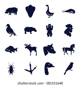 Animals icons set. Set of 16 Animals filled icons such as animal fang, moose, dove, alligator, cow, horse, bear, fish, footprint of  icobird, goose, rooster, pig, sparrow