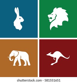 Animals icons set. Set of 4 Animals filled icons such as lion, elephant, kangaroo