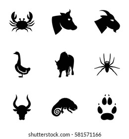 Animals icons set. Set of 9 Animals filled icons such as cow, spider, goat, crab, goose, bull, chameleon, buffalo