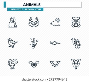 Conjunto de iconos de animales - babuino, mapache, morsa, mofeta, cabra contorno Vector colección.