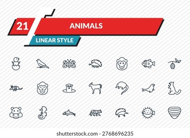 animals icons set - chick, canary, moth, puffer, clam outline vector collection.