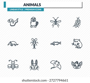 Conjunto de iconos de animales: anguila, castor, mosquito, capibara, colección de Vector de contorno de hiena.