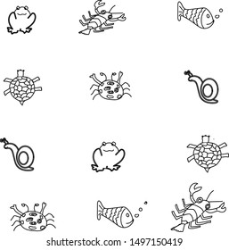 animals icons set Freshwater Shrimp frog snail turtle fish