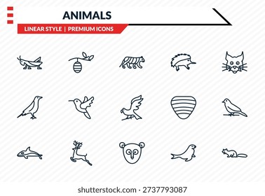 animals icons set - grasshopper, cocoon, raven, philippine tarsier, marten outline vector collection.