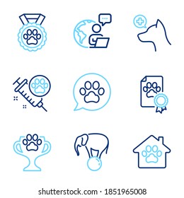 Animals icons set. Included icon as Dog competition, Winner cup, Pet shelter signs. Dog vaccination, Pets care, Veterinary clinic symbols. Elephant on ball line icons. Line icons set. Vector