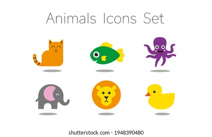 Animals icons set, including cat, fish, octopus, elephant, lion and duck, isolated on white background