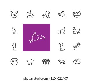 Animals icons. Set of  line icons. Dog, elephant, fish bowl. Fauna concept. Vector illustration can be used for topics like nature, farm