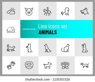 Animals icons. Set of line icons. Dog, elephant, fish bowl. Fauna concept. Vector illustration can be used for topics like nature, farm