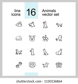 Animals icons. Set of line icons. Dog, elephant, fish bowl. Fauna concept. Vector illustration can be used for topics like nature, farm