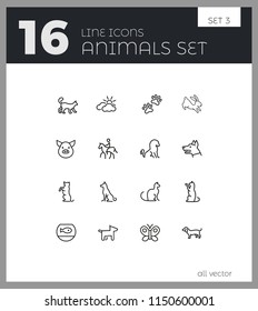 Animals icons. Set of line icons. Dog, elephant, fish bowl. Fauna concept. Vector illustration can be used for topics like nature, farm