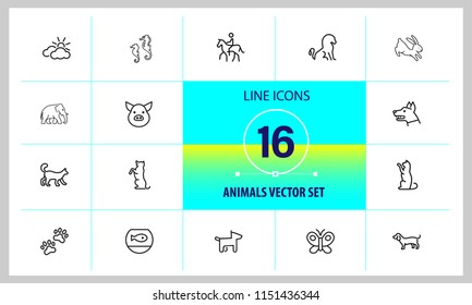 Animals icons. Set of line icons. Dog, elephant, fish bowl. Fauna concept. Vector illustration can be used for topics like nature, farm