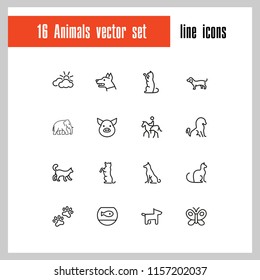 Animals icons. Set of line icons. Dog, elephant, fish bowl. Fauna concept. Vector illustration can be used for topics like nature, farm