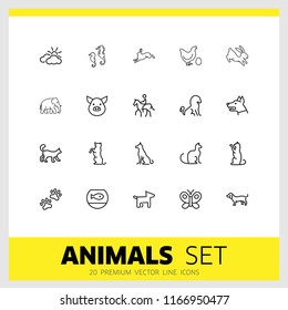 Animals icons. Set of line icons. Dog, elephant, fish bowl. Fauna concept. Vector illustration can be used for topics like nature, farm