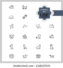 Animals icons. Set of line icons. Dog, elephant, fish bowl. Fauna concept. Vector illustration can be used for topics like nature, farm