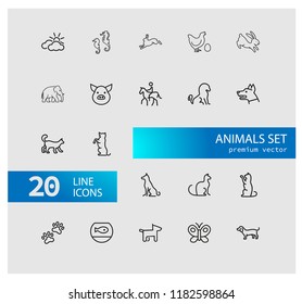 Animals icons. Set of line icons. Dog, elephant, fish bowl. Fauna concept. Vector illustration can be used for topics like nature, farm