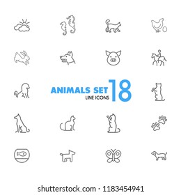 Animals icons. Set of line icons. Dog, elephant, fish bowl. Fauna concept. Vector illustration can be used for topics like nature, farm