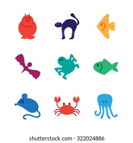 Animals icons set from mammal, fish, bird and insect. Vector