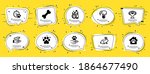 Animals icons set. Speech bubble offer banners. Yellow coupon badge. Included icon as Elephant on ball, Pet friendly, Dog competition signs. Pet shelter, Animal tested, Pets care symbols. Vector