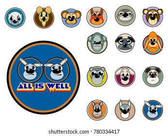 Animals icons set. Vector set of colorful animal head icons. We rotate the image of the lips in the picture and see a smile.