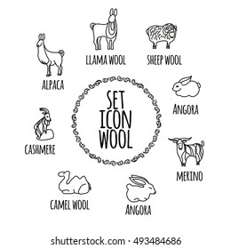 Animals. Icons vector. Stylized images, llama, goat, Angora rabbit, sheep, camel. Badges to create labels.