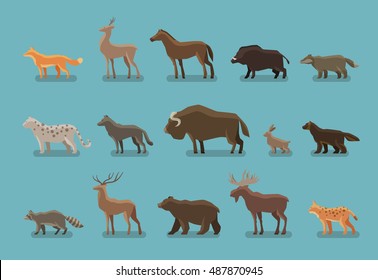 Animals icons. Wild boar, bear, fox, deer, horse, badger, leopard, wolf, musk ox, hare, raccoon, deer, elk, lynx, wolverine