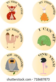 Animals illustration  set of  stickers and badges for children,  
Cute vector illustration