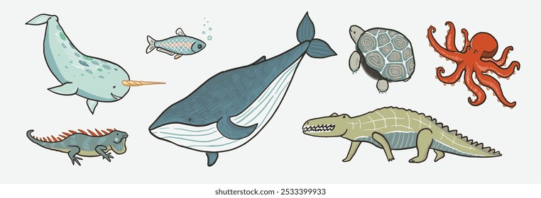 Animals ilustrações conjunto com baleia, narval, crocodilo, polvo, peixe, tartaruga, iguana.