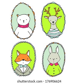 Animals illustrations vector set, portraits of bear, deer, rabbit and fox in vivid colors