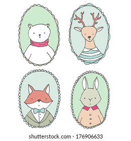 Animals illustrations vector set, portraits of bear, deer, rabbit and fox in pastel colors