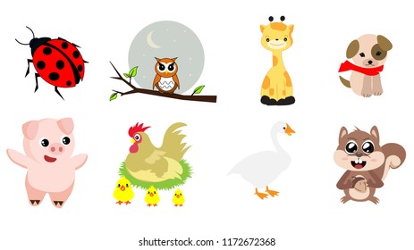 Animals include pigs, dogs, owls, beetles, giraffes, squirrels, geese and chickens.