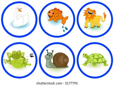 Animals including,swan,fish,lion,frog,snail and a turtle. Vector.